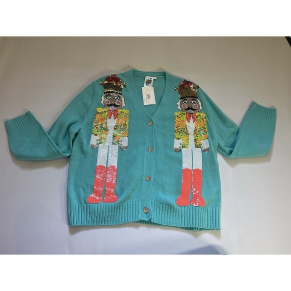 Queen of Sparkles Nutcracker Sequin Cardigan Sweater Teal Button Front – Medium - Picture 6 of 13
